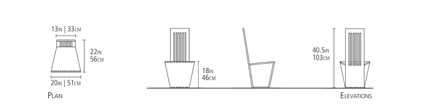 The measurements of the Staccato Chair are similar to the Zee and Pinwheel Chairs, but this chair uses more abstract shapes in its contemporary design.